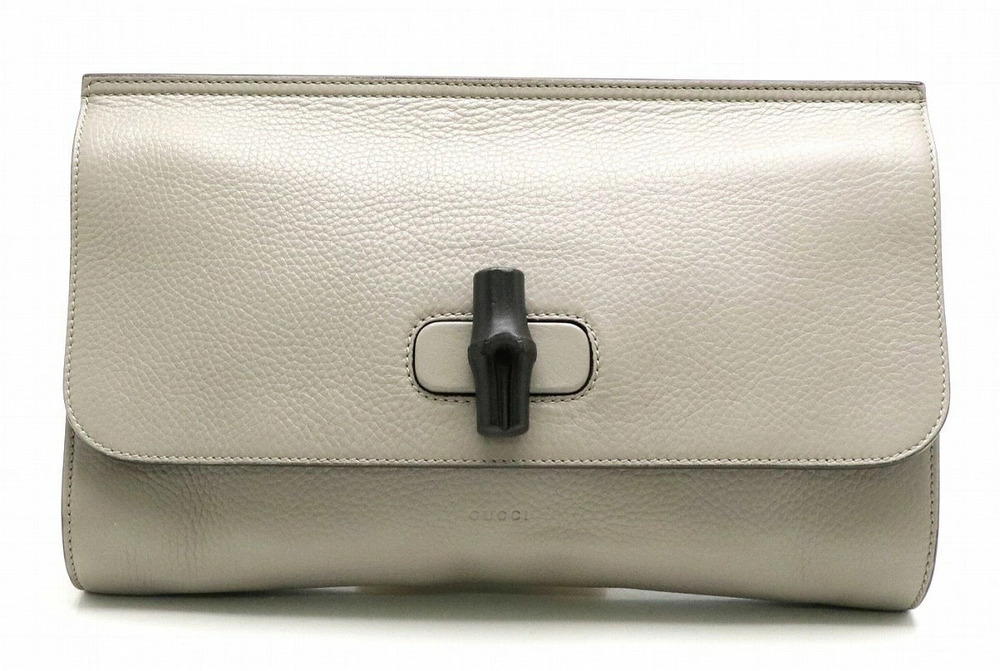 Gucci Bamboo Clutch Bag Shoulder Leather Gray Beige Cream Greige Gray